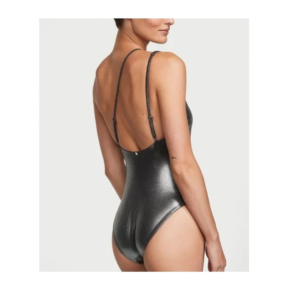 Silver One-Shoulder Women's Swimsuit - Picture 2 of 7